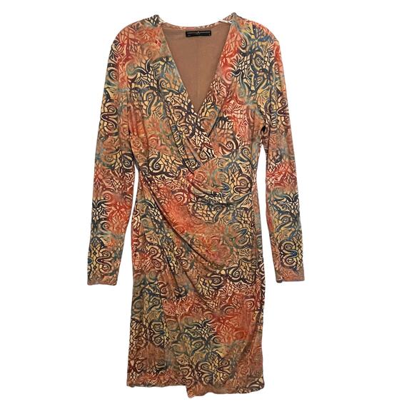 Peruvian Connection Savannah Dress Womens Medium Ruched Faux Wrap Midi Cocktail - Picture 2 of 12